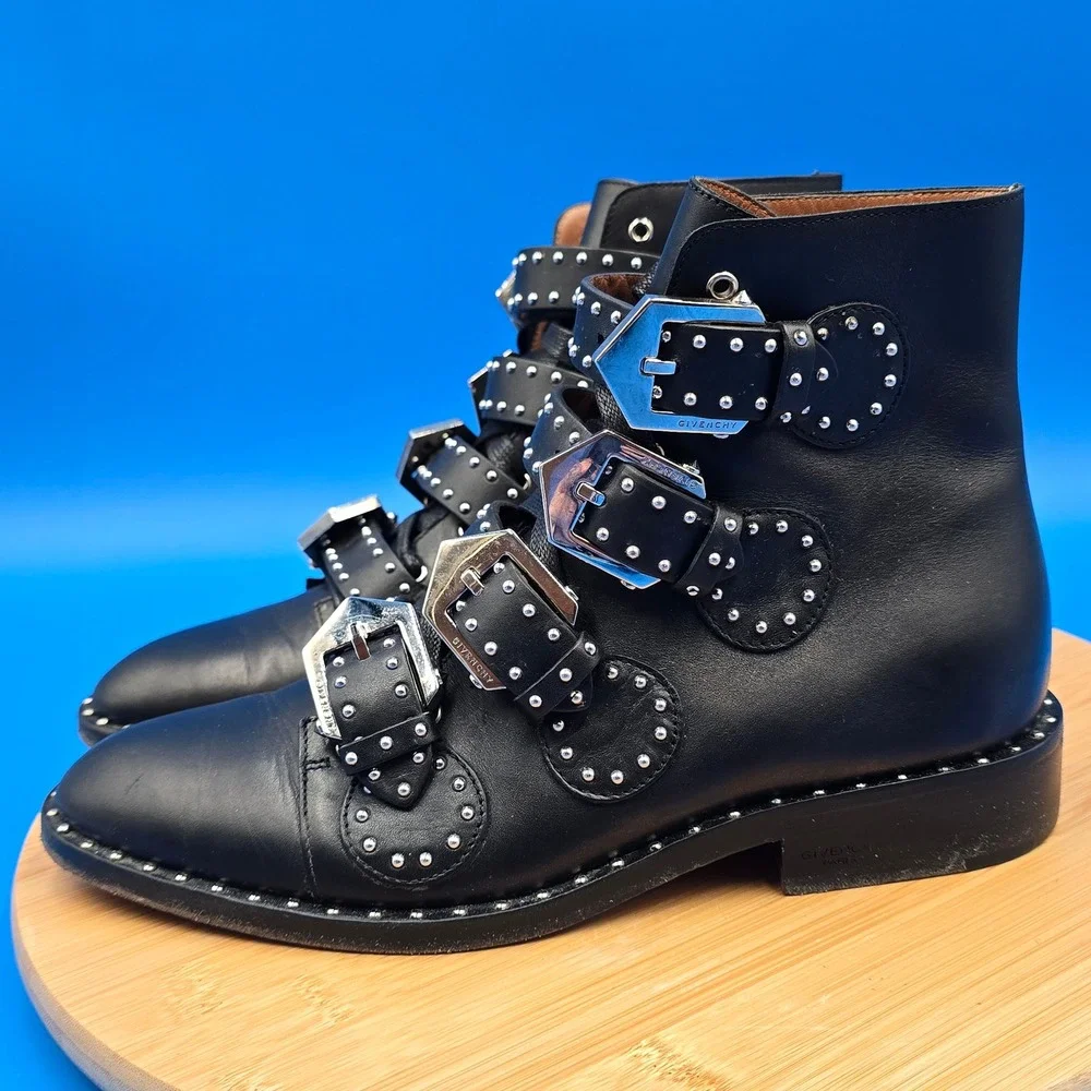 Givenchy Elegant Studded Leather Multi-Buckle‎ Ankle Boots Black Size 37 US 7